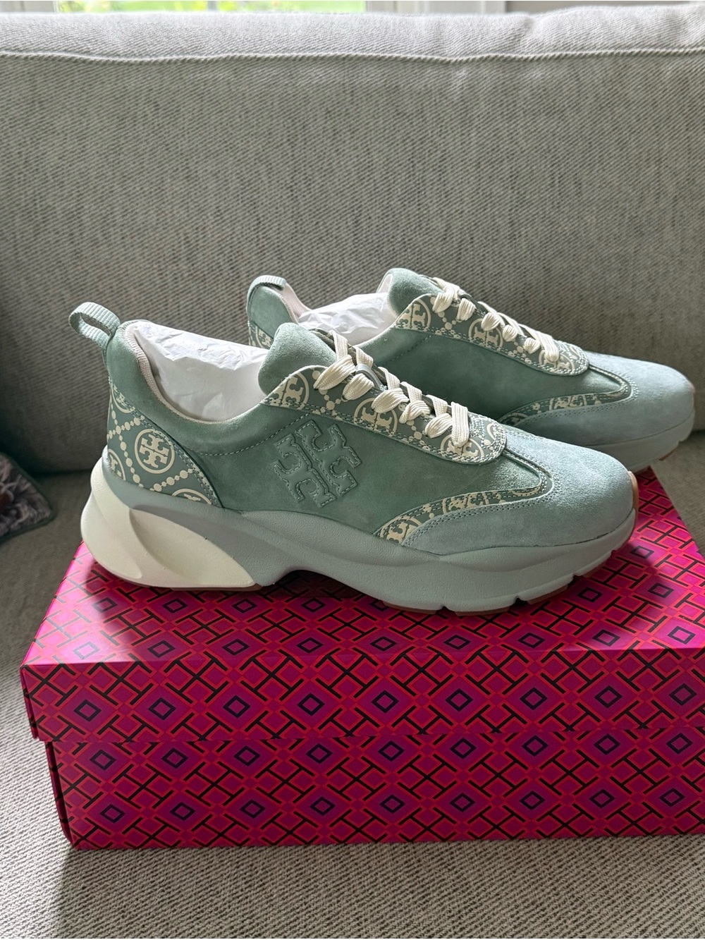Tory Burch Seafoam Suede Platform Sneakers with Logo Trim